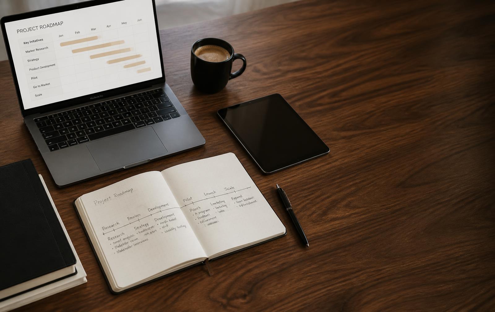Escritorio de consultoría con MacBook mostrando un roadmap de proyectos