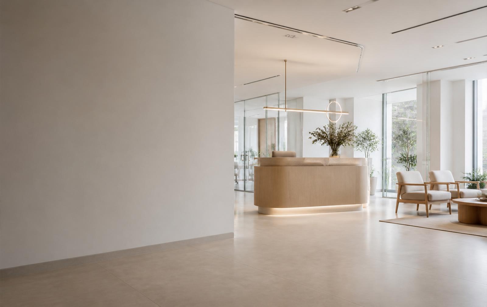 Recepción luminosa de una clínica dental contemporánea con materiales naturales