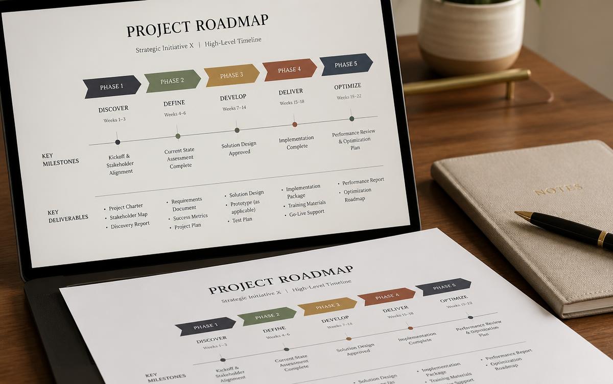 Roadmap estratégico con fases y hitos de proyecto