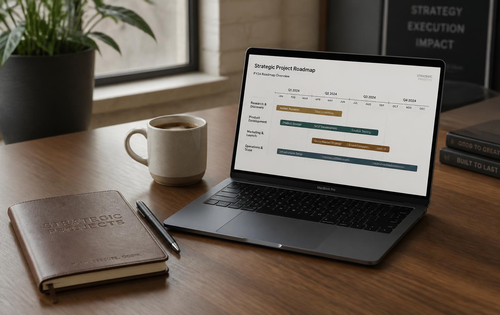Escritorio de consultoría con MacBook mostrando un roadmap de proyectos